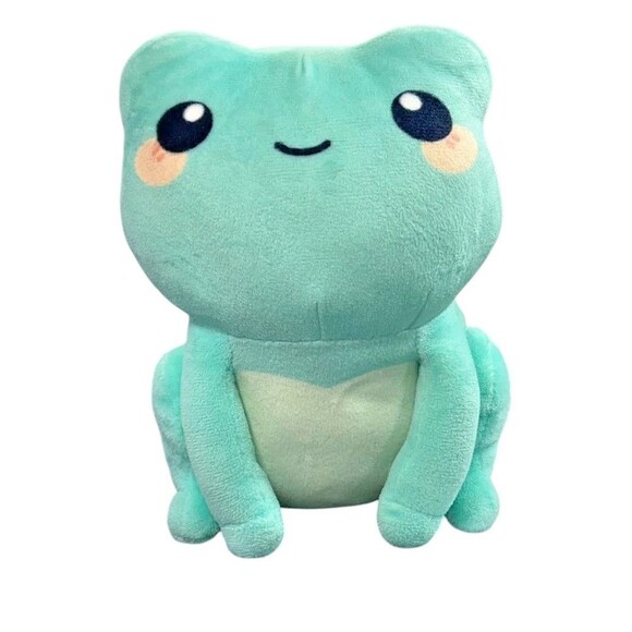 Honeymaru Blushing Kawaii Frog 8.5" Plush Turquoise Blue Sitting Animal Toy - Picture 1 of 11
